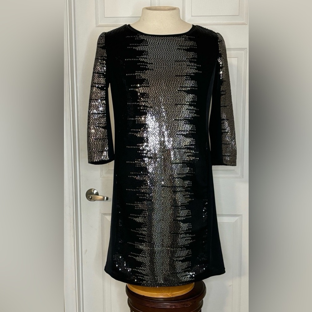 Linea Domani Black and Silver Sequin Sheath Dress with 3/4 Sleeves